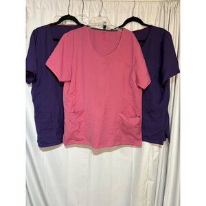 Pink & Purple Womens Scrub Tops Set Of 3 With Pockets Lightweight Comfortable 2X